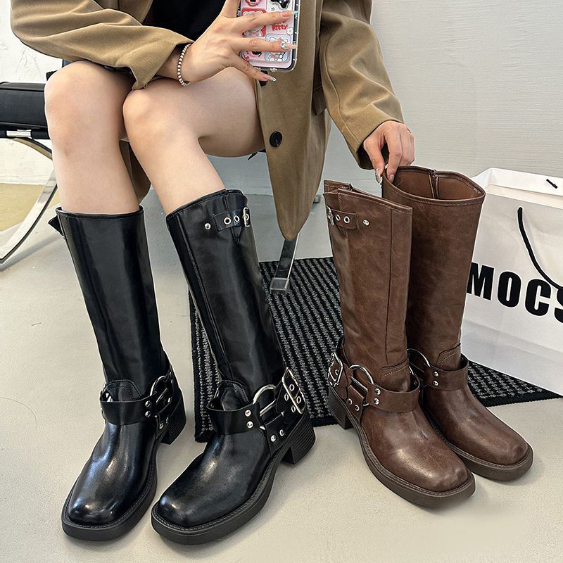 Internet celebrity retro western cowboy boots women's 2025 new knee-length knight boots thick heel belt buckle Martin boots