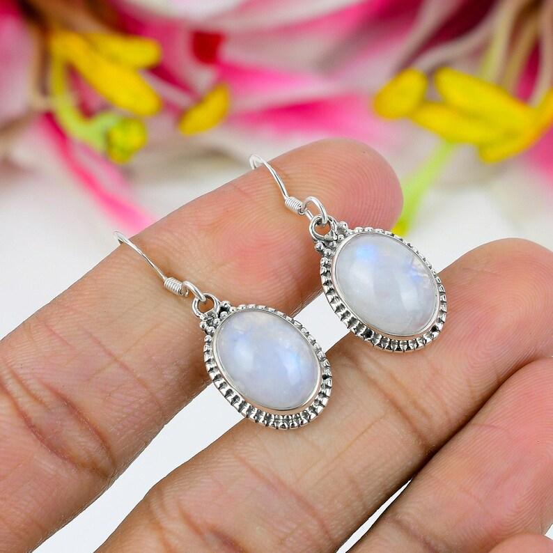 Solid 925 Sterling Silver Moonstone Oval Gemstone Handmade Designer Women Dangle Drop Earrings