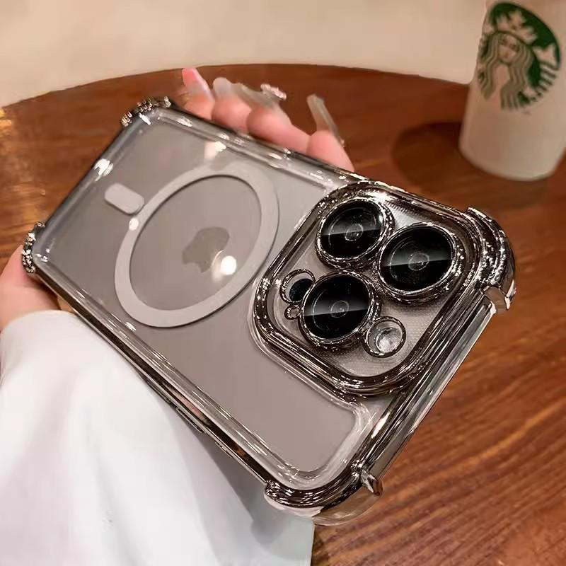 Compatible with iPhone 17 Pro Max four-corner airbag shockproof phone case, iPhone 16 electroplated transparent magnetic 15 space case