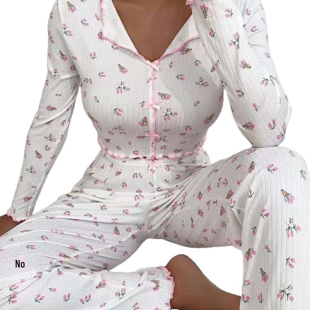 Floral Print Long Sleeve Pajama Set: Casual Wearable Lounge Suit