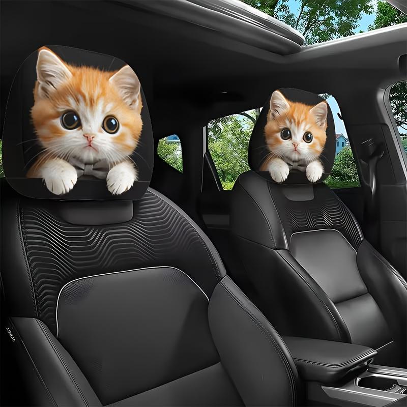 

2pcs Cute Large-Eyed Orange Cat Print Car Headrest Covers, Soft and Comfortable Knit Polyester, Elastic Design, Universal Fit for Car Interior 2pcs