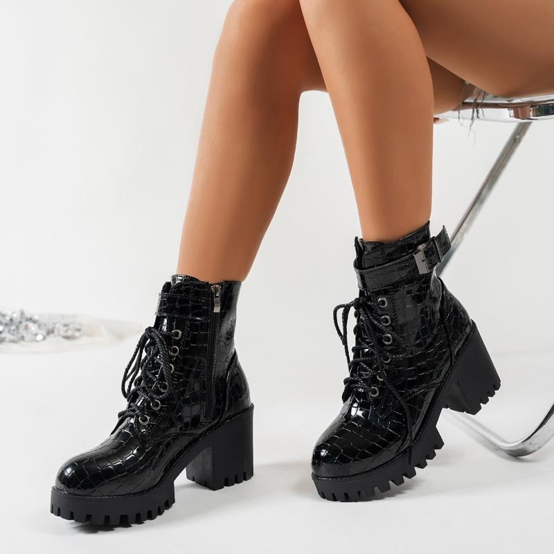 Stivali Martin da Donna a Punta Larga con Tacco Chunky Lucido - Stivaletti con Lacci Frontali e Cinturino con Fibbia, Stivali alla Moda Autunno/Inverno