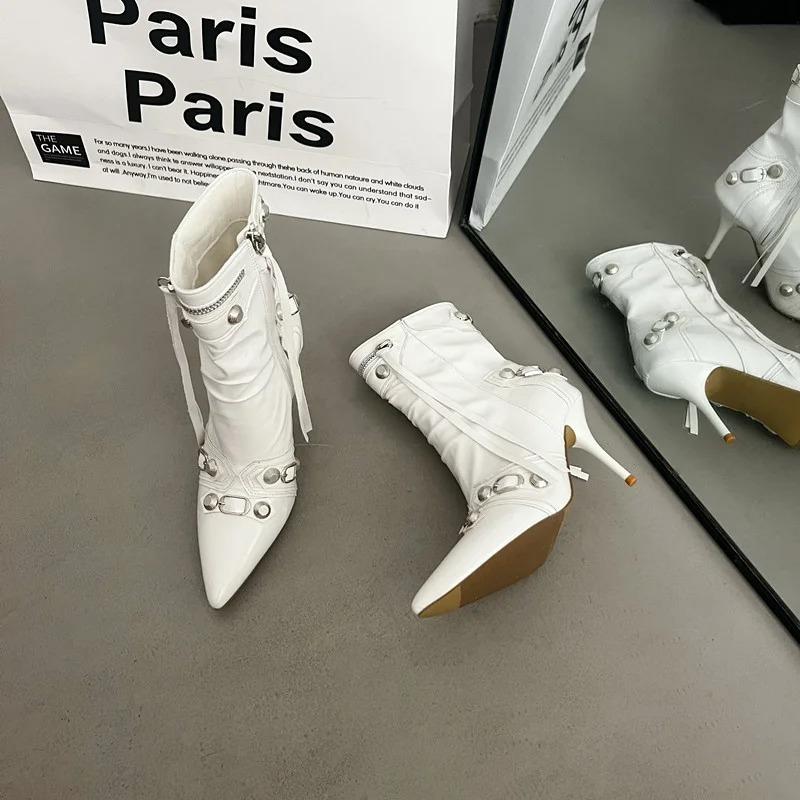 Soleist High Thin Heeled Ankle Boots for Women Metal Decor Rivet Fringed Zip Ppinted Toed Motorcycle Lady Booties Women Shoes