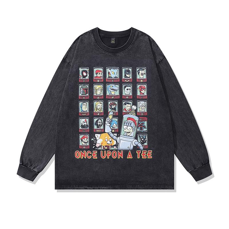 American Street Trend T-Shirt Hip Hop Spoof Printed Thin Sweater Washed Retro Trend Brand Long Sleeve T-Shirt Men And Women