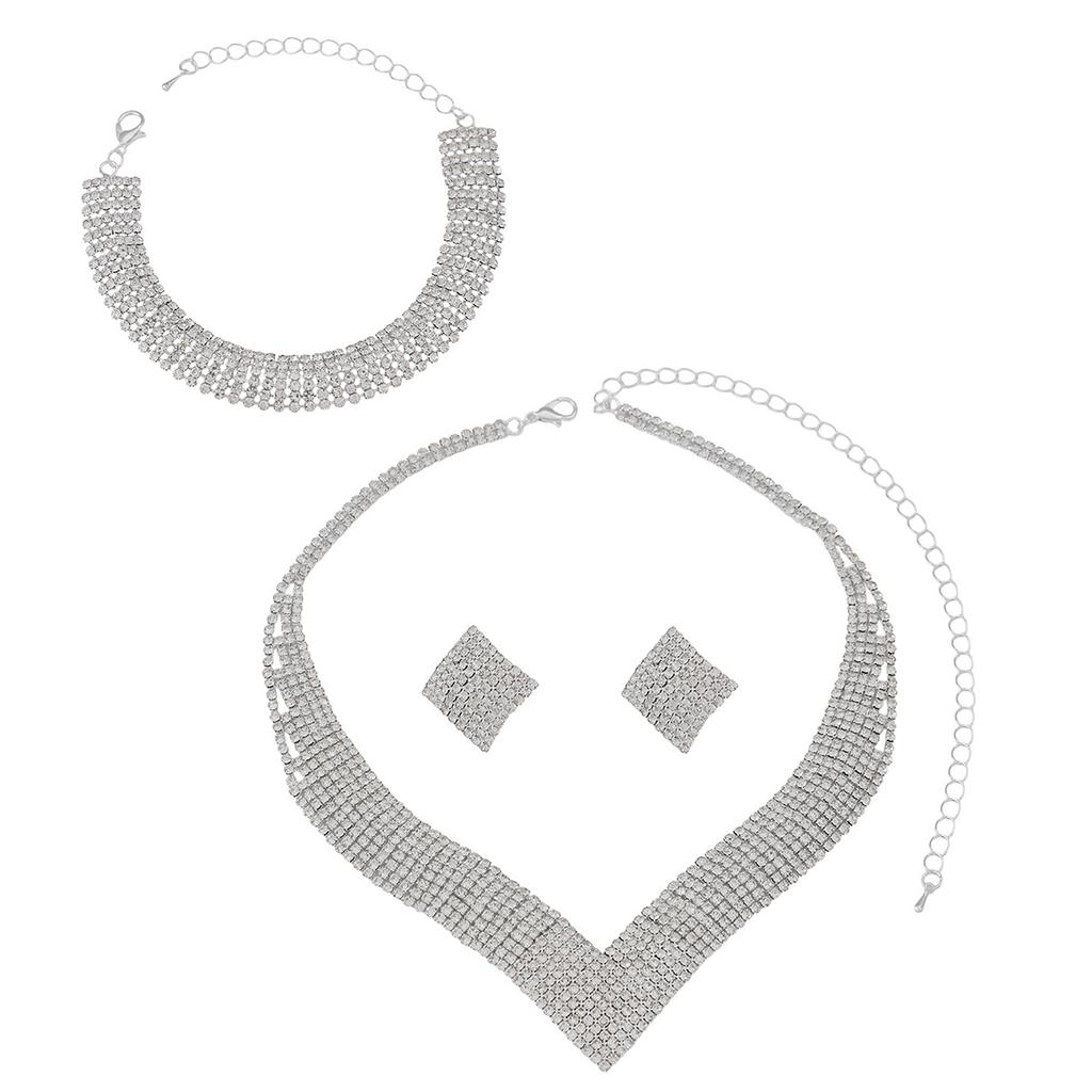 Atmospheric Rhinestones, Silver-plated Bride Jewelry, Necklace, Stud Earrings, Bracelet Set, Dress Accessories.