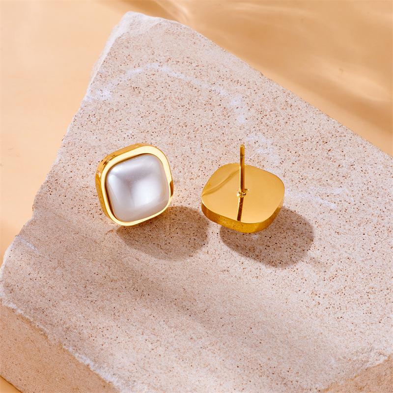 Gold Tone Square White Shell Stud Earrings