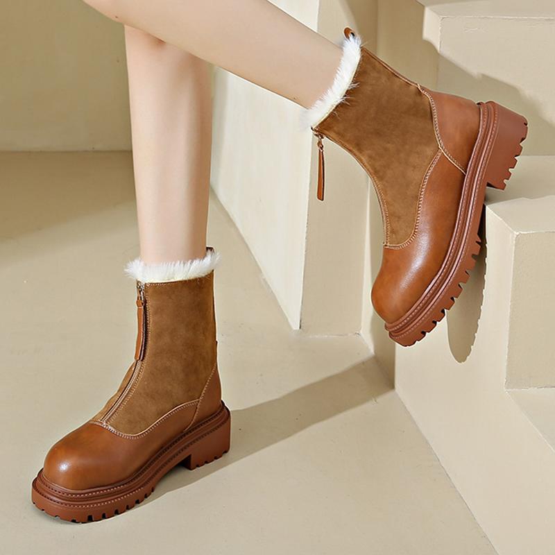 Vinter Korte Plysj Dame Snøstøvler Mote Korte Lær Plysj Damesnøstøvler Chelsea Plattform Fritids Dame Ankelstøvletter