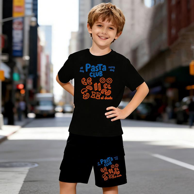 

Boys 2 Piece Italian Food Pattern Print Outfit, Short Sleeve T-Shirt and Shorts Set for Kids Age 5-14,White Sporty Casual Summer Clothes 5-6 Years чёрный