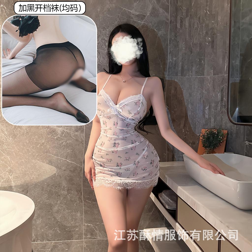 Underwear lace hollow deep V hip skirt sexy perspective mesh floral suspender nightdress
