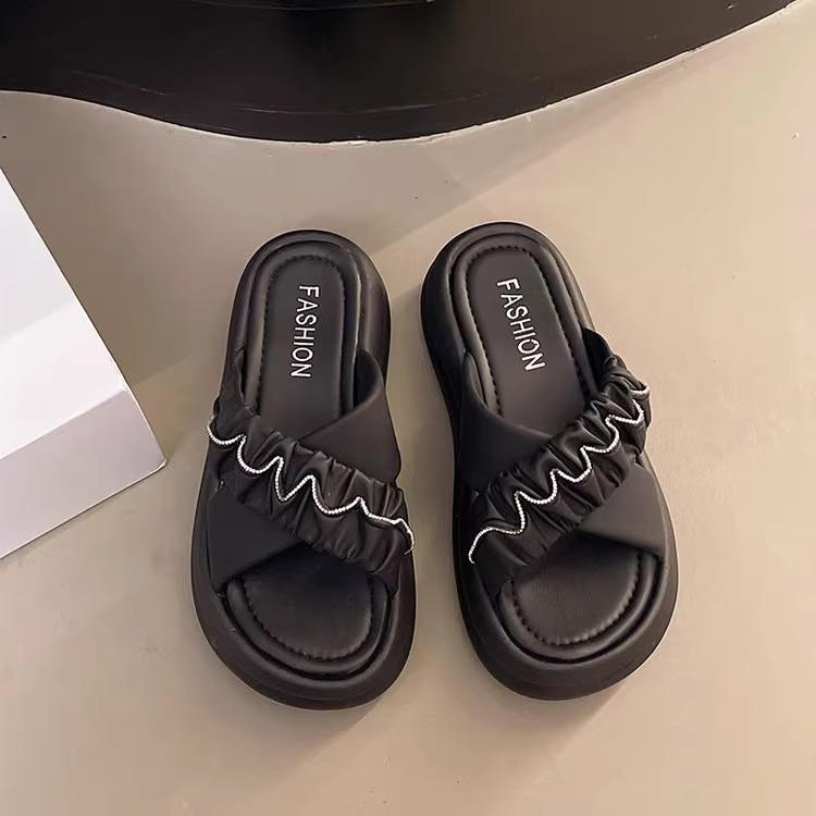 

2025 summer new fashionable rhinestone pleated cross with slope heel sandals thick-bottomed versatile slippers popular cool slippers 35