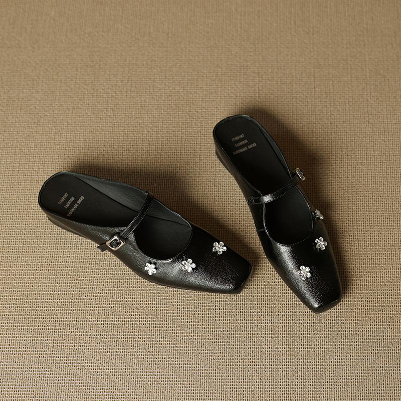 

2025 new French rhinestone flower heightening bag head half slippers women s small one-word buckle strap square head slippers 40 чёрный