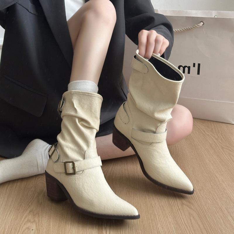 Pointed Short Boots Skinny Cowboy Boots Martin Boots Women's Western White Coarse Heel Short Tube Rice