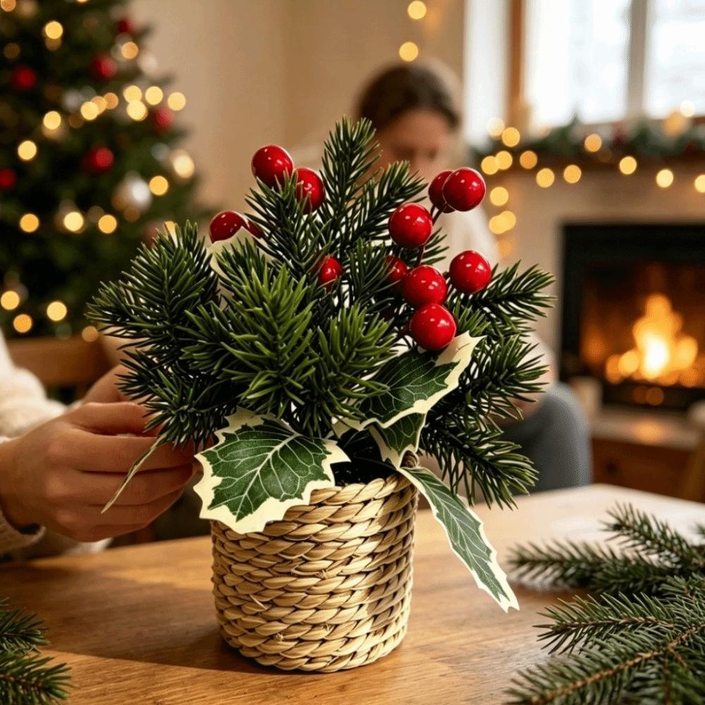 Potted Faux Holly Pine Cone Ornament Woven Basket Christmas Mini Potted Plant  Xmas Tree