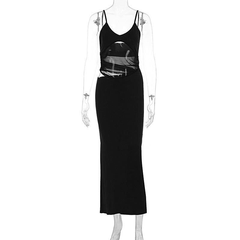 Women's perspective mesh hollowed suspender long dress slim and thin Spice Girls dinner hip wrap high-end dress skirt