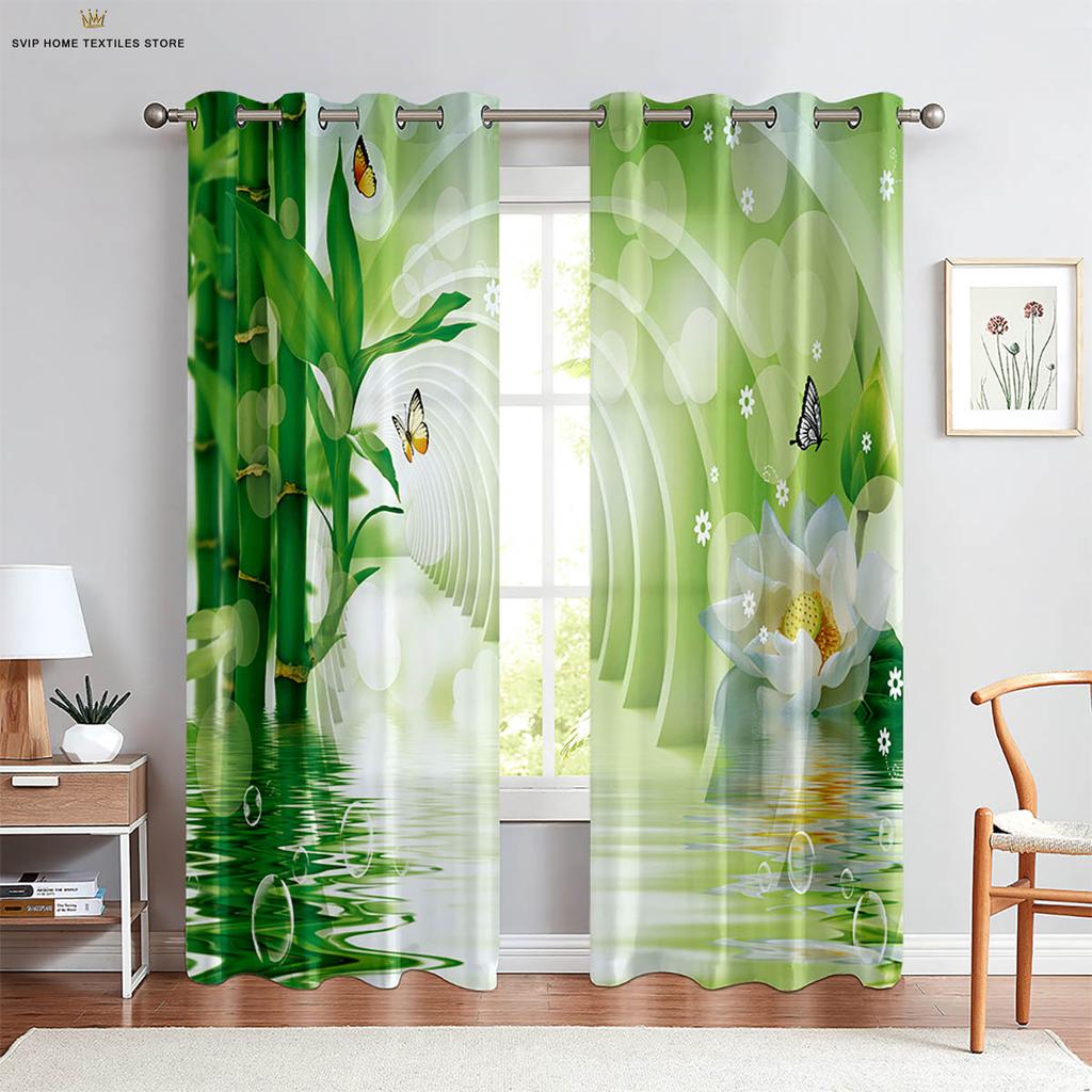 3D Printing Polyester Decorative Curtain, Floral Butterfly On Water, Machine Washable, Bedroom, Living Room, Kitchen, 2Pcs