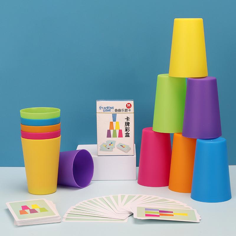 Montessori Stack Cup Speed Game Toys with Card Color Cognition Logic Parent-child Interactive Toys for Kids Early Education Toy