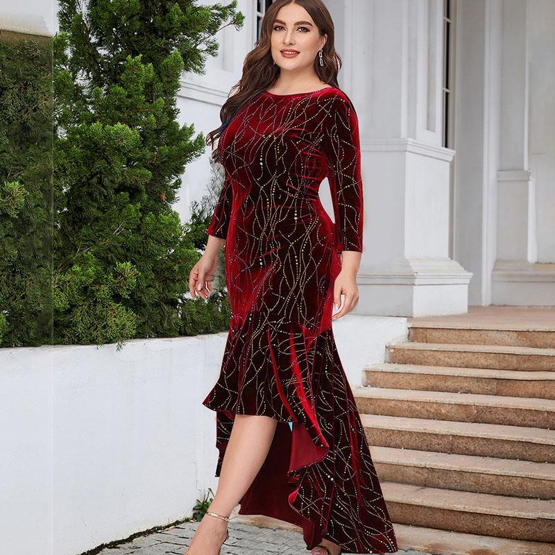 Autumn Women's Plus-size Velvet Dress Three-quarter Sleeve Long Velvet Mermaid Dress