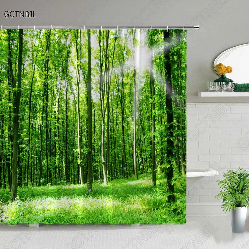 Modern 3D Printing Green Plant Tree Scenery Shower Curtains Forest Bamboo Landscape Bath Curtain Set For Bathroom Decor Cloth