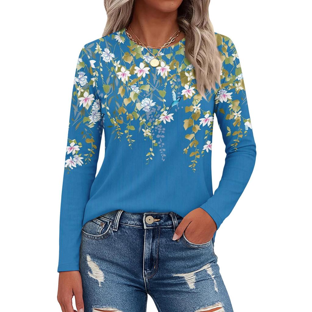 Dames casual T-shirt met split aan de zoom, ronde hals, lange mouwen en losse print.