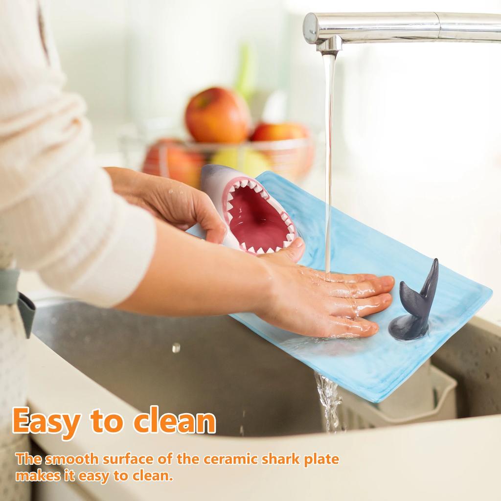 Sushi Serving Plate Ceramic Sushi Plate Shark Shape Porcelain Sushi Platter Porcelain Food Serving Trays with Soy Sauce Holder