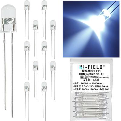 Ultra Bright White Bullet Light Emitting 10 Pieces Hi-FIELD LED, 31000mcd, 20mA, 20°, Shape, 5mm, Diodes,