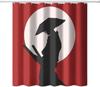 Japanese Shower Curtain, Watercolor Style Red Sun Silhouette Ninja In Moonlight Medieval Theme National Folk Asian Print