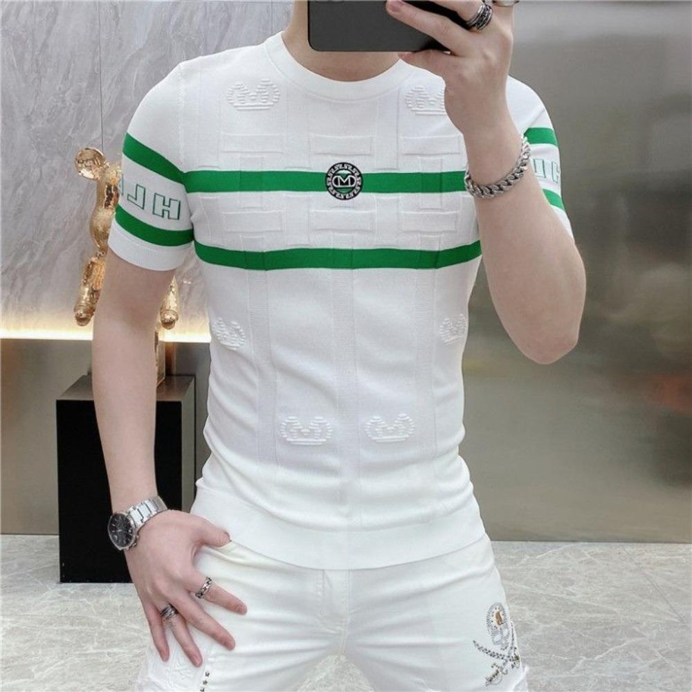 Men's Personalized Striped Knitted Slim Round Neck Half-sleeved Versatile Thin Top