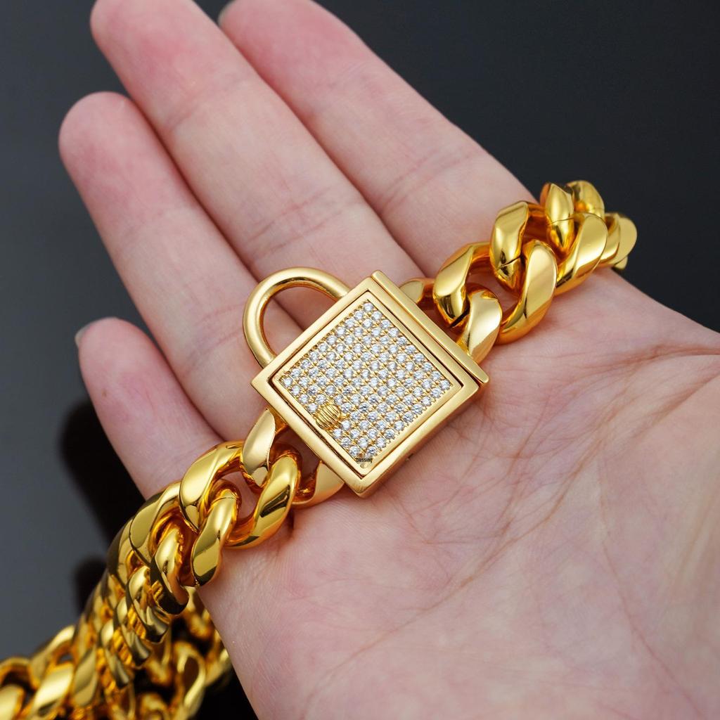 14mm Wide Gold Dog Leash and Titanium Steel Collar with Paved Diamond Buckle