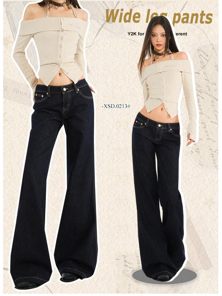 Women's Original Blue Micro-Flare Low-Rise Jeans, Autumn/Winter 2024: Trendy Slimming Wide-Leg Style