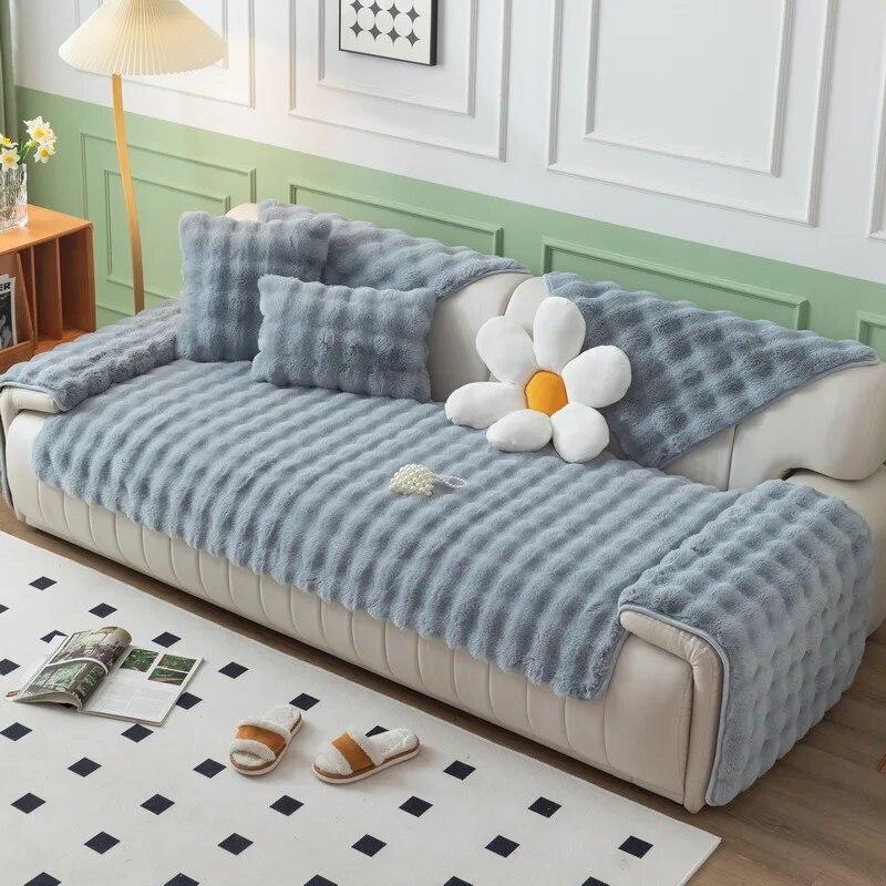 Thicken Rabbit Plush Sofa Cover Towel Solid Color Sofa Cushion Massage Anti Slip Multi-functional Suitable for Backrest Pillow
