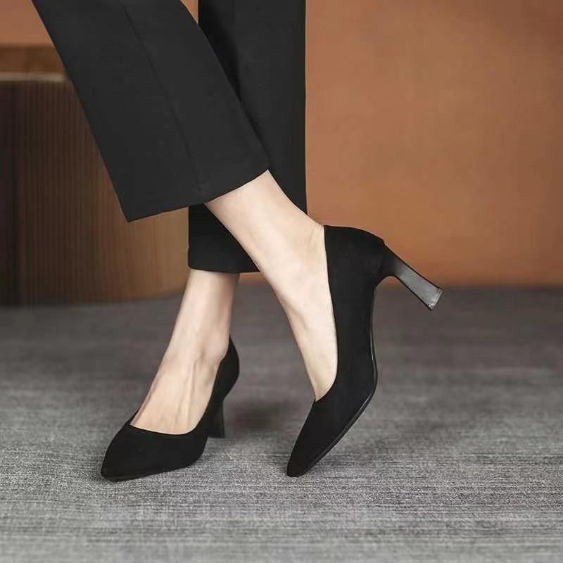 Flock Medium Heels Pumps Shoes for Women 2025 New Spring Thin Heel  Shoe Female Plus Size 43 Versatile Pointed Toe Shoes