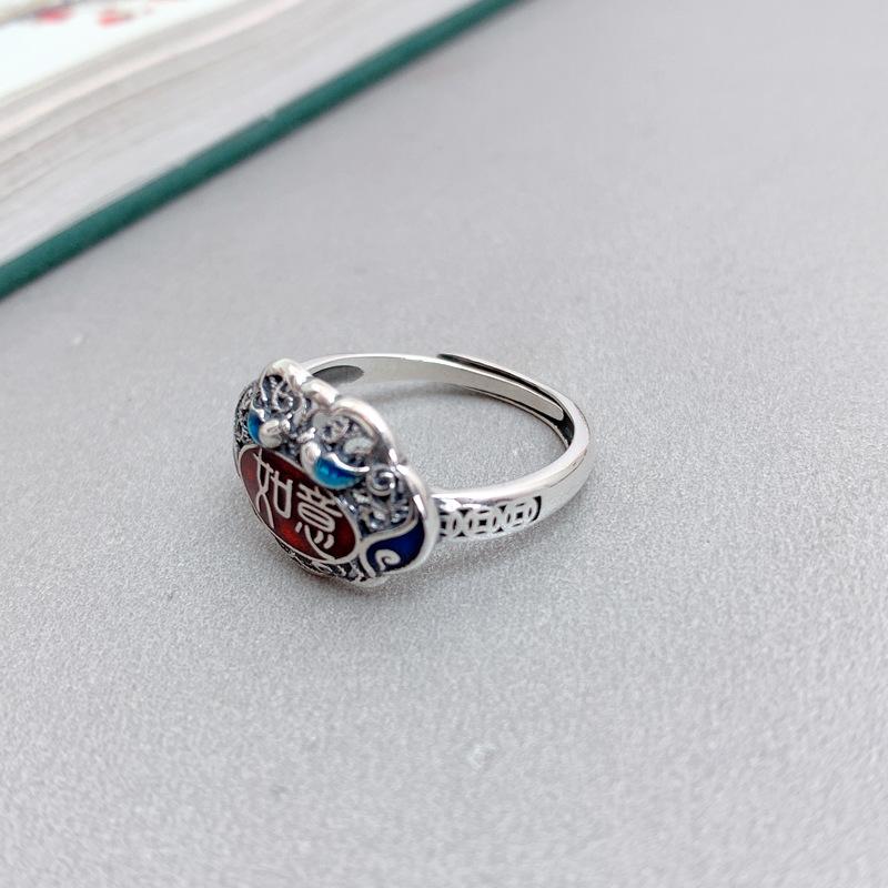 925 Sterling Silver Enamel Red Ruyi Lock Ring Handmade Hollowed Filigree Craftsmanship Retro Ethnic Style Ring Silver Jewelry
