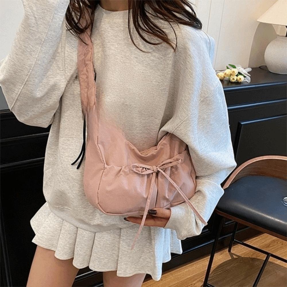 Fashion Nylon Bow Pleated Bag Drawstring Adjustable Pleated Shoulder Bag Zipper Kroean Style Women's Handbag Lady