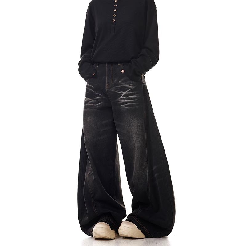 American retro casual straight washed scimitar spring jeans men's and women's loose wide-leg drape pants