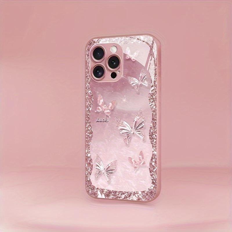 Glücksschmetterlingsmuster Rosa Metallic Gehärtetes Glas Handyhülle Für iPhone 17 16 15 14 13 12 11 Pro Max 15 Plus 17 Air 16E Hülle