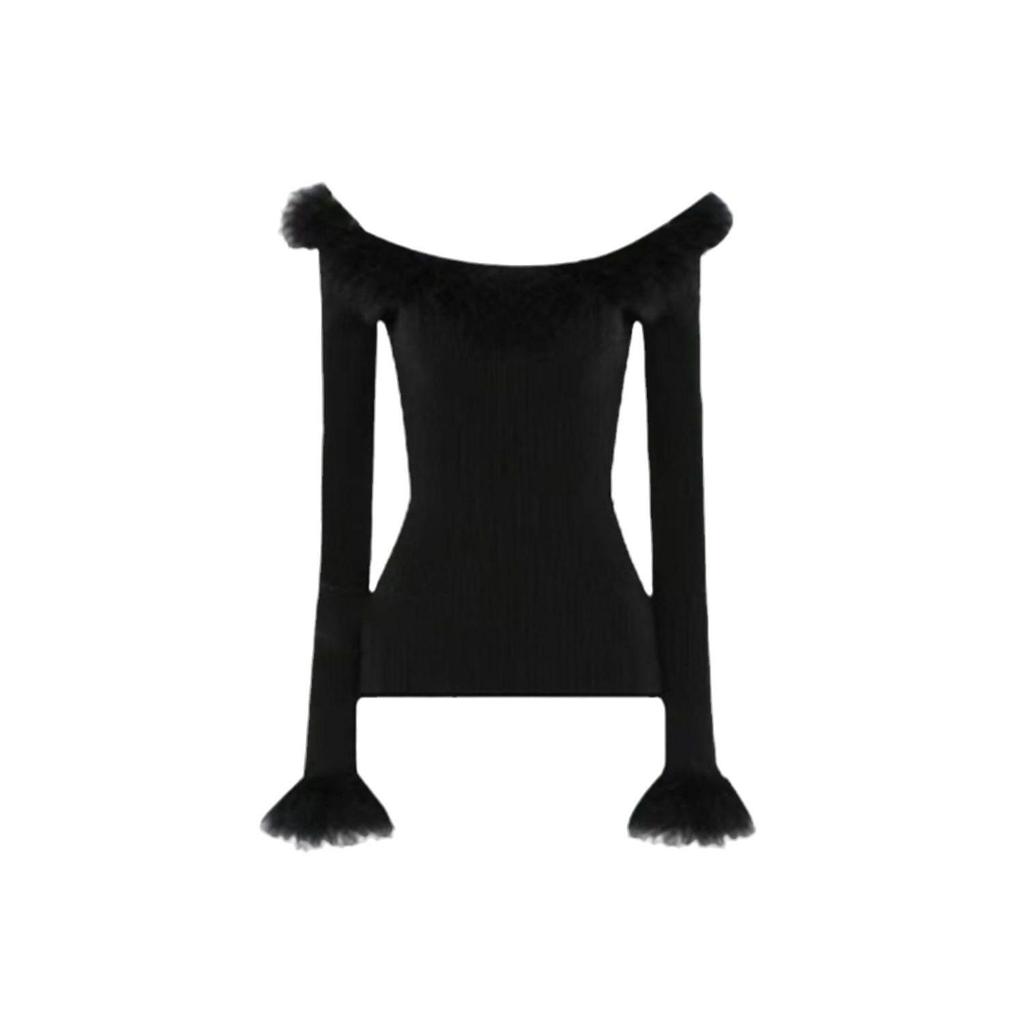 Red Off-Shoulder Raw Edge Knit Sweater for Women - Festive, Slimming, and Sexy Cold Shoulder Top for Autumn/Winter