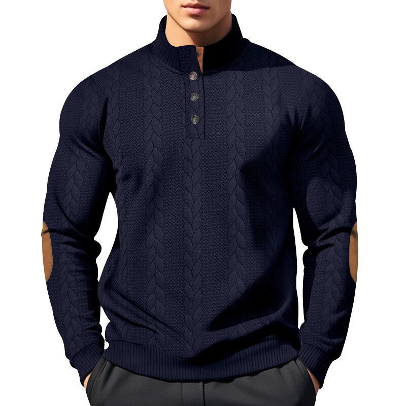 Jacquard Men's Button-Down Stand Collar Patchwork Henley Long-Sleeved Casual Sweatshirt