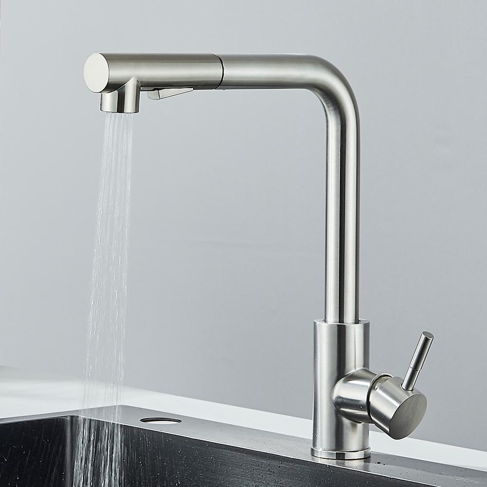 Pull Out Kitchen Sink Faucet High Pressure Two Model Stream Sprayer Nozzle Stainless Steel Tap Deck Install Hot and Cold Water