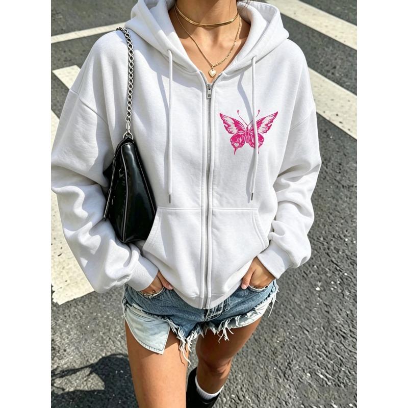 Women Zip Up Hoodie Butterfly Long Sleeve Drawstring Hooded Sweatshirt Loose Streetwear Ladies Fall Winter Warm Outerwear Jacket