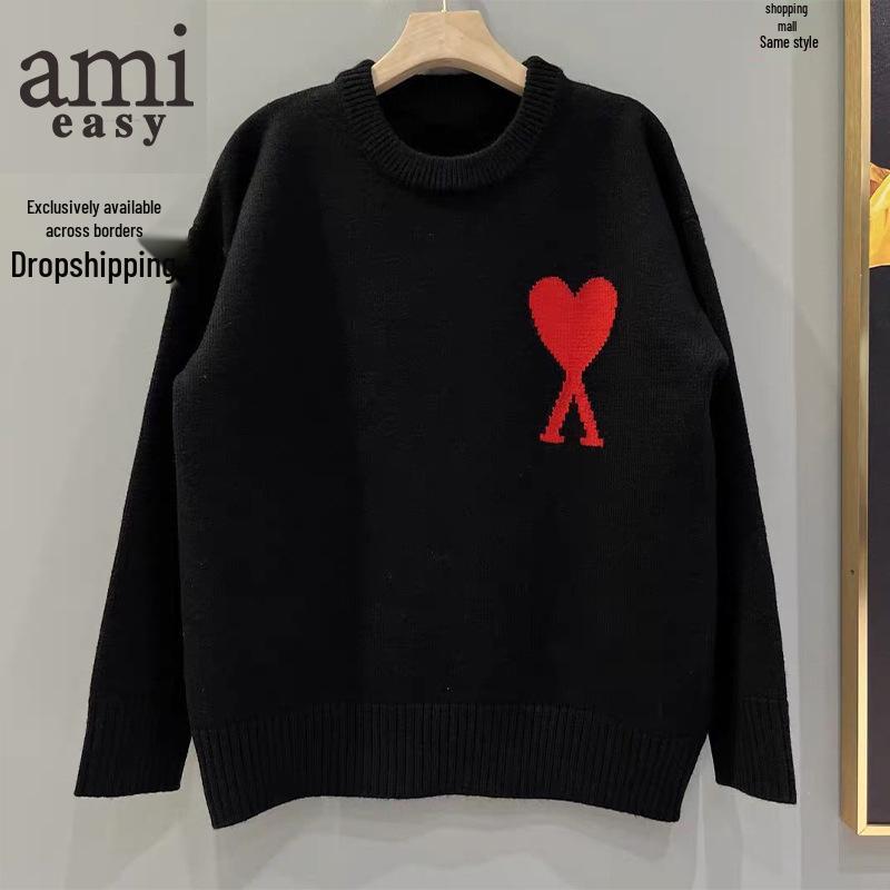 

Модный мужской вязаный свитер с жаккардовым узором в виде сердец, с круглым вырезом - Теплый и удобный для зимы M чёрный