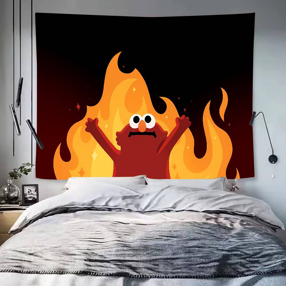 Funny Hot MEME EElmoS in Flames Tapestry Decoration Bedroom Dormitory Background Cloth Holiday Home Living Room Club Tapestry