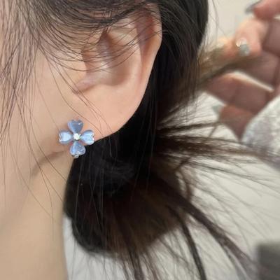 Real  Sterling Silver Zircon Blue Cat's Eye Stone Clover Hoop Earrings for Women Cute Plant Fine  Accessories