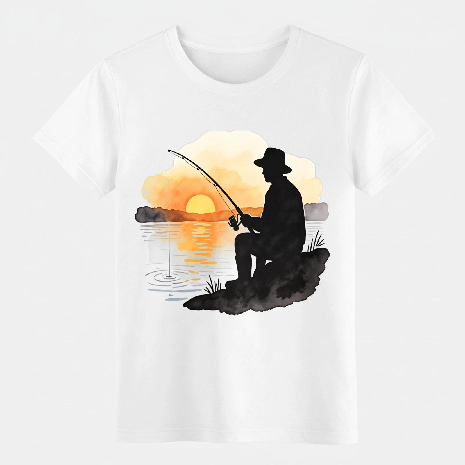 

Fishing Sunset Silhouette Fisherman Tee, Watercolor Lake Outdoor Cotton T-Shirt L