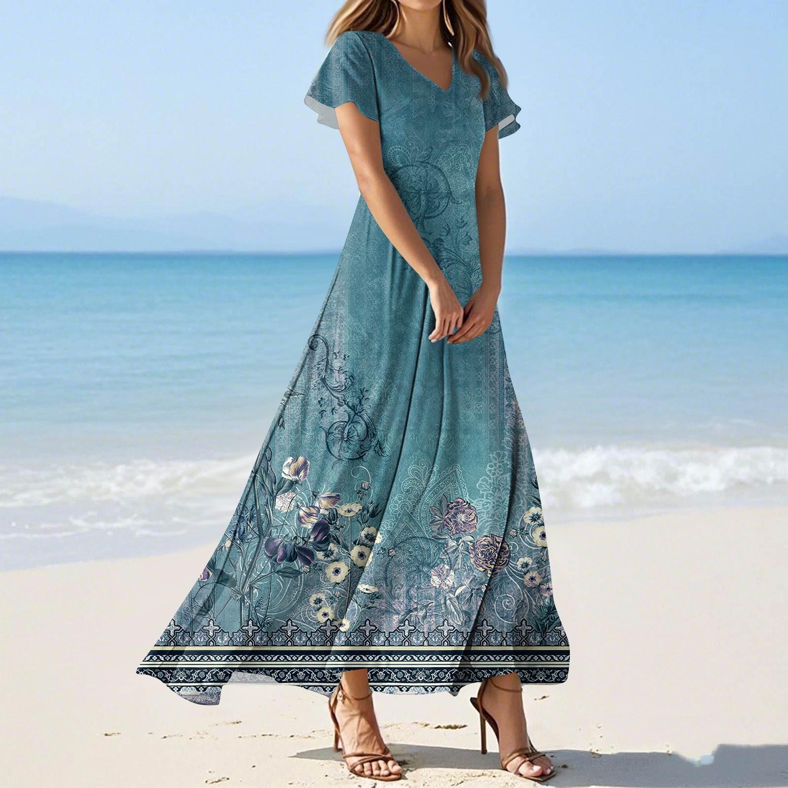 

Женские летние повседневные модные платья с принтом и короткими рукавами и V-образным вырезом XXL синий