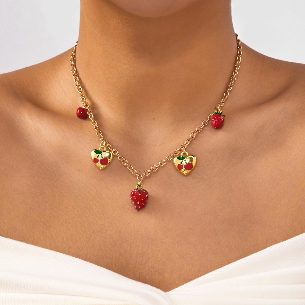 Summer Fashion Heart Cherry Fruit Pendant Necklace With Adjustable Chain For Women
