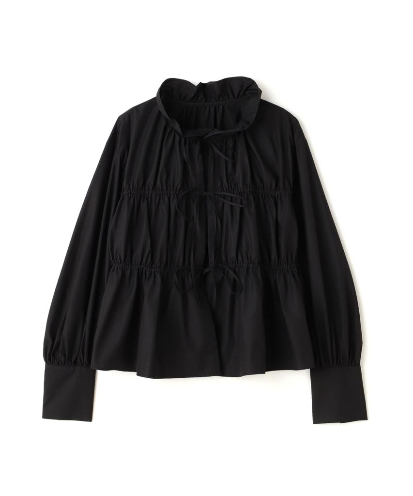 Natural Beauty Basic Black Front Ribbon Gathered Blouse Women's