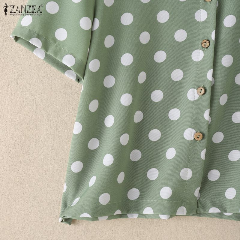 ZANZEA Women Casual Round Neck Polka Dot Print Short Sleeve Blouse