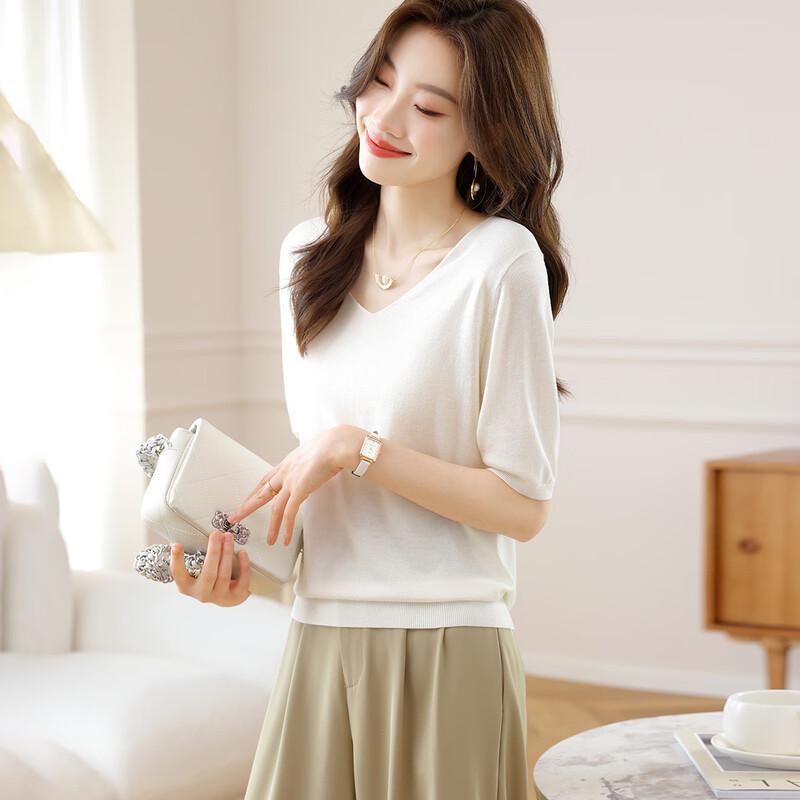 

Srcr Women s Thin V-Neck Short Sleeve Knit Top L