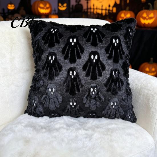 Versatile Square Throw Pillow Covers Halloween Ghost Cushion Cover, Fuzzy 18x18 Inch Washable Plush Case for Sofa Couch Home Holiday Decor Removable