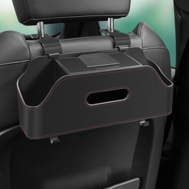 Auto-Organizer-Box, multifunktionale Auto-Taschentuchbox aus Leder, Aufbewahrungsbox für den Rücksitz des Autos, Telefonsitz, Papiertütenhaken, Wasserbecherhalter